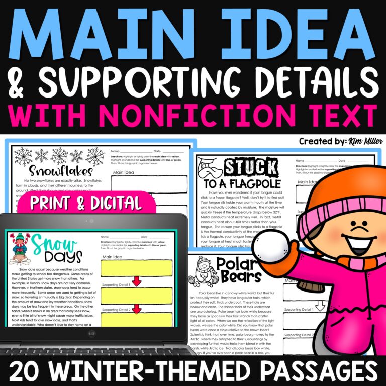Winter Main Idea and Supporting Details Activities 3rd 4th 5th Grade