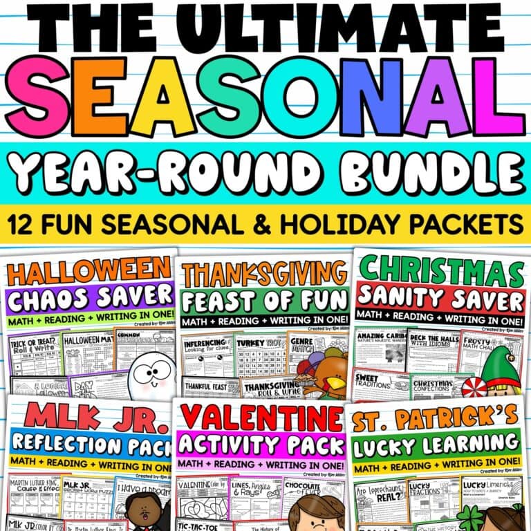 Year-Round Holiday Seasonal Activities Bundle No Prep Reading & Math Worksheets