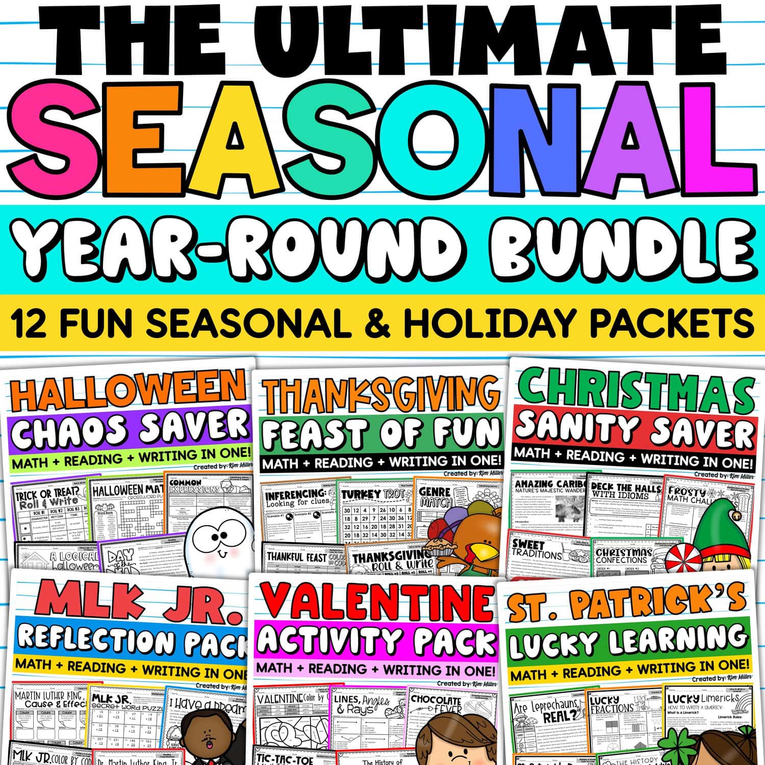 Year-Round Holiday Seasonal Activities Bundle No Prep Reading & Math Worksheets