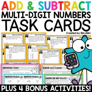 Addition and Subtraction Word Problems Task Cards with Regrouping Math Story