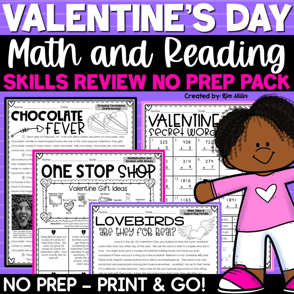 Valentine's Day Activities Math and Reading No Prep Packet and Worksheets