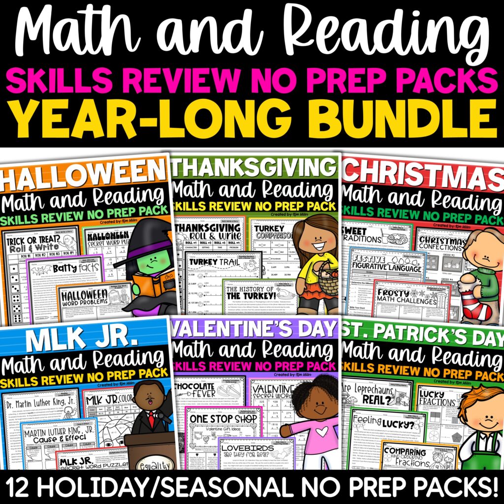 Holiday Seasonal Math Reading Comprehension No Prep Worksheets Packets
