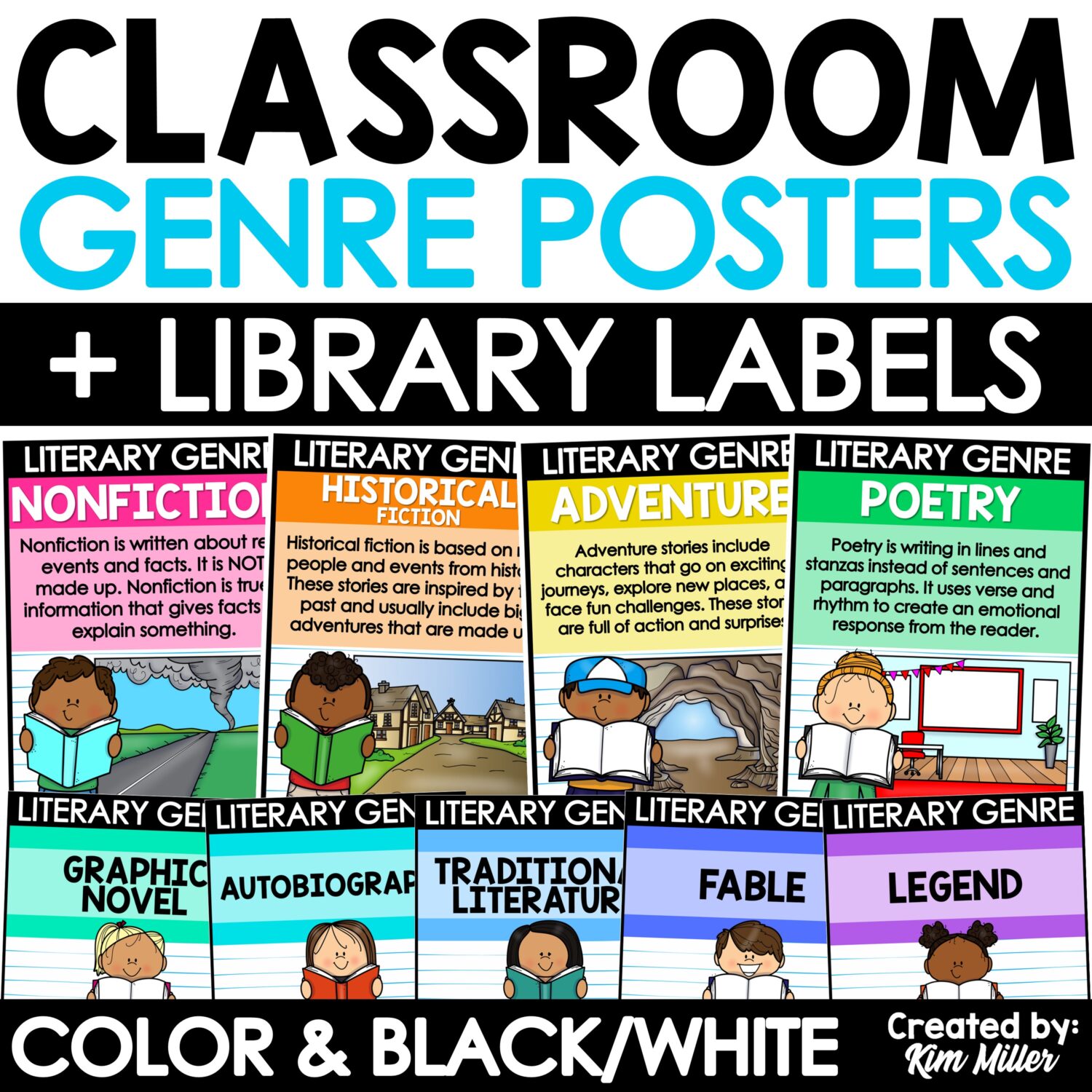 Reading Genre Posters Classroom Library Book Bin Labels Classroom Decor Bright
