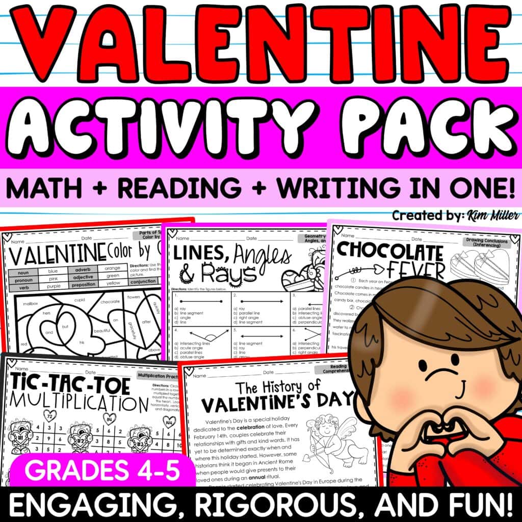 Valentine's Day Activities Math Reading Comprehension Writing No Prep Worksheets