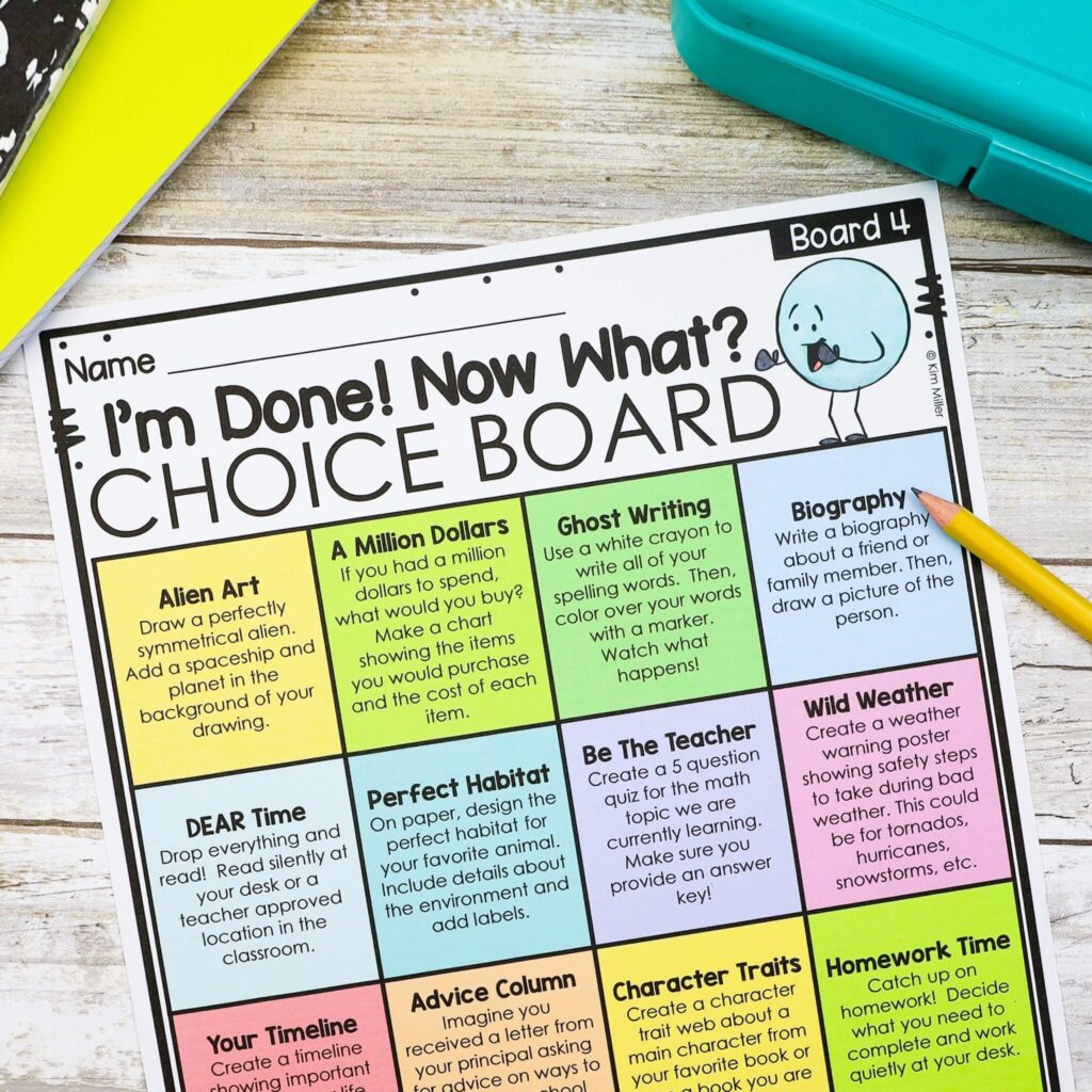 early finisher activities on a choice board for students who finish their work early