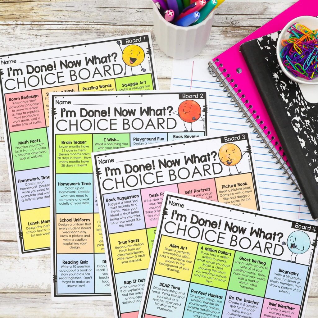 free choice boards with early finisher activities and activities for fast finishers