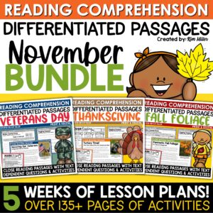 Thanksgiving Activities Differentiated Reading Comprehension Passages BUNDLE