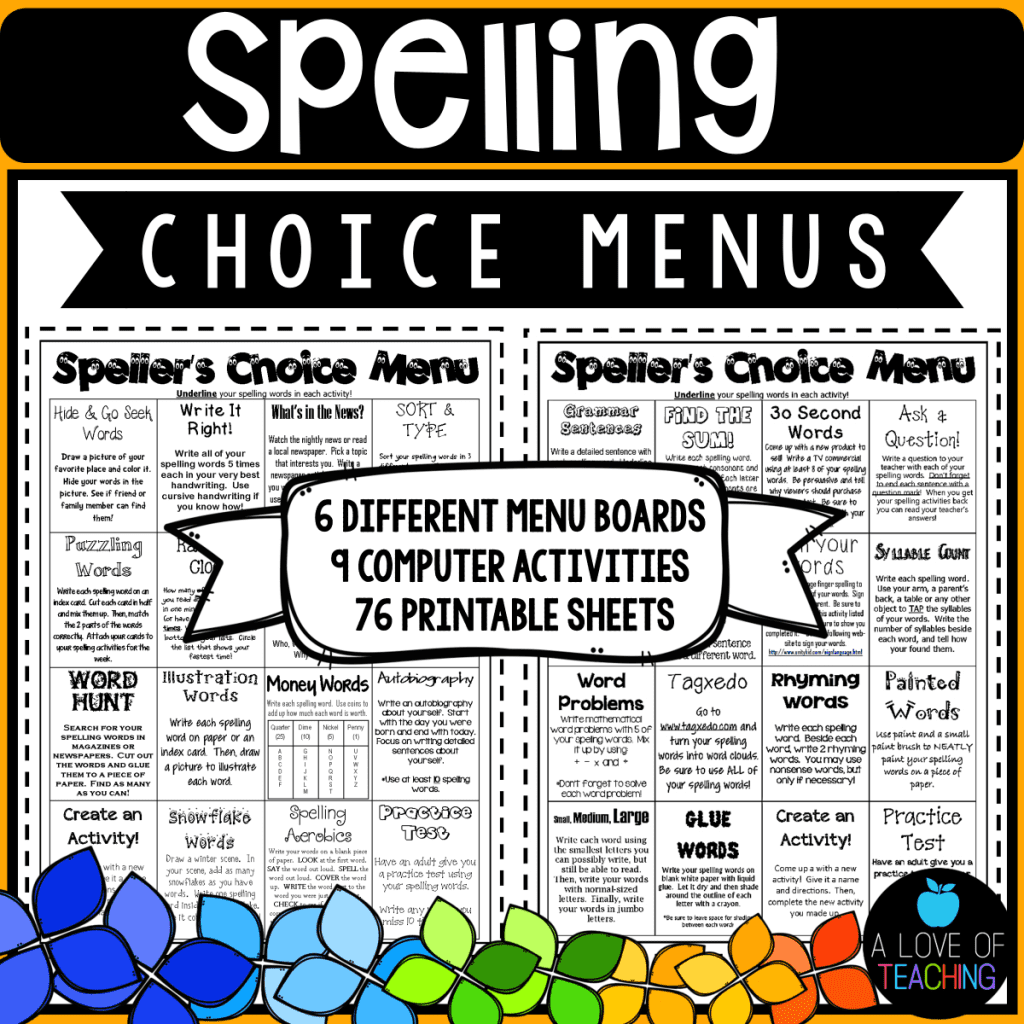 spelling choice boards spelling practice for the classroom