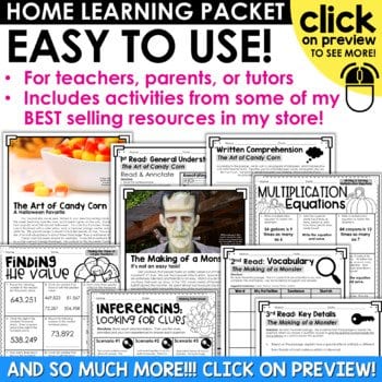 4th grade reading, math and language arts activities for at home learning