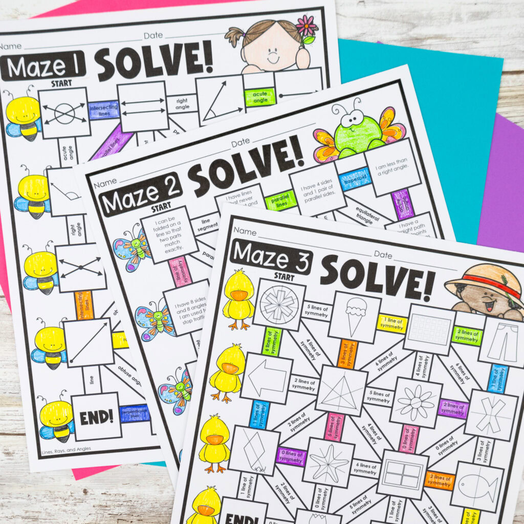 Lines Angles and 2D Shapes Practice Worksheets Spring Math Mazes