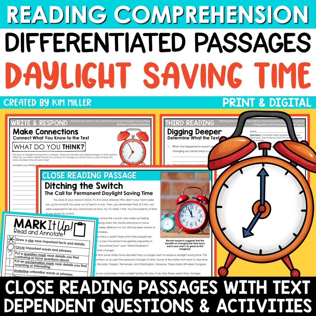 Daylight Saving Time Reading Comprehension Passages for 3rd, 4th, and 5th Grade