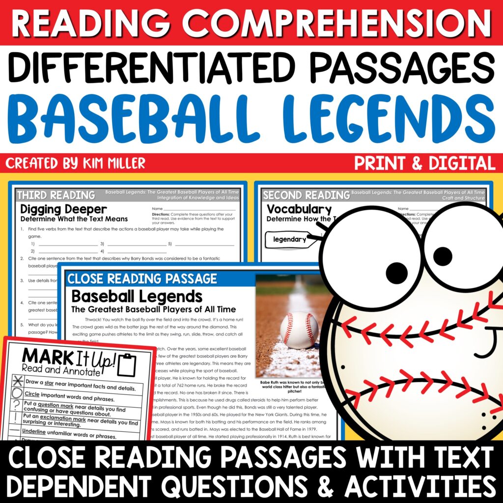 Spring Baseball Reading Comprehension Passages for 3rd, 4th, and 5th Grade