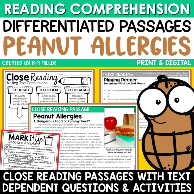 Peanut Allergies Reading Comprehension Passages for 3rd, 4th, and 5th Grade