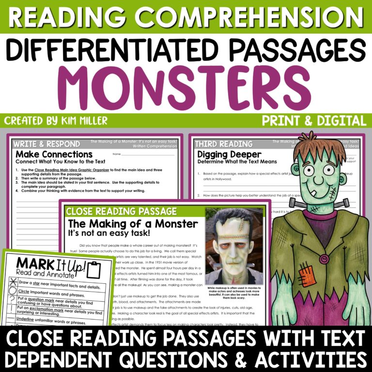 Halloween Reading Comprehension Passages Monsters for 3rd, 4th, and 5th Grade