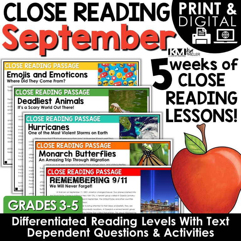 September Close Reading Lessons for Grades 3, 4, 5