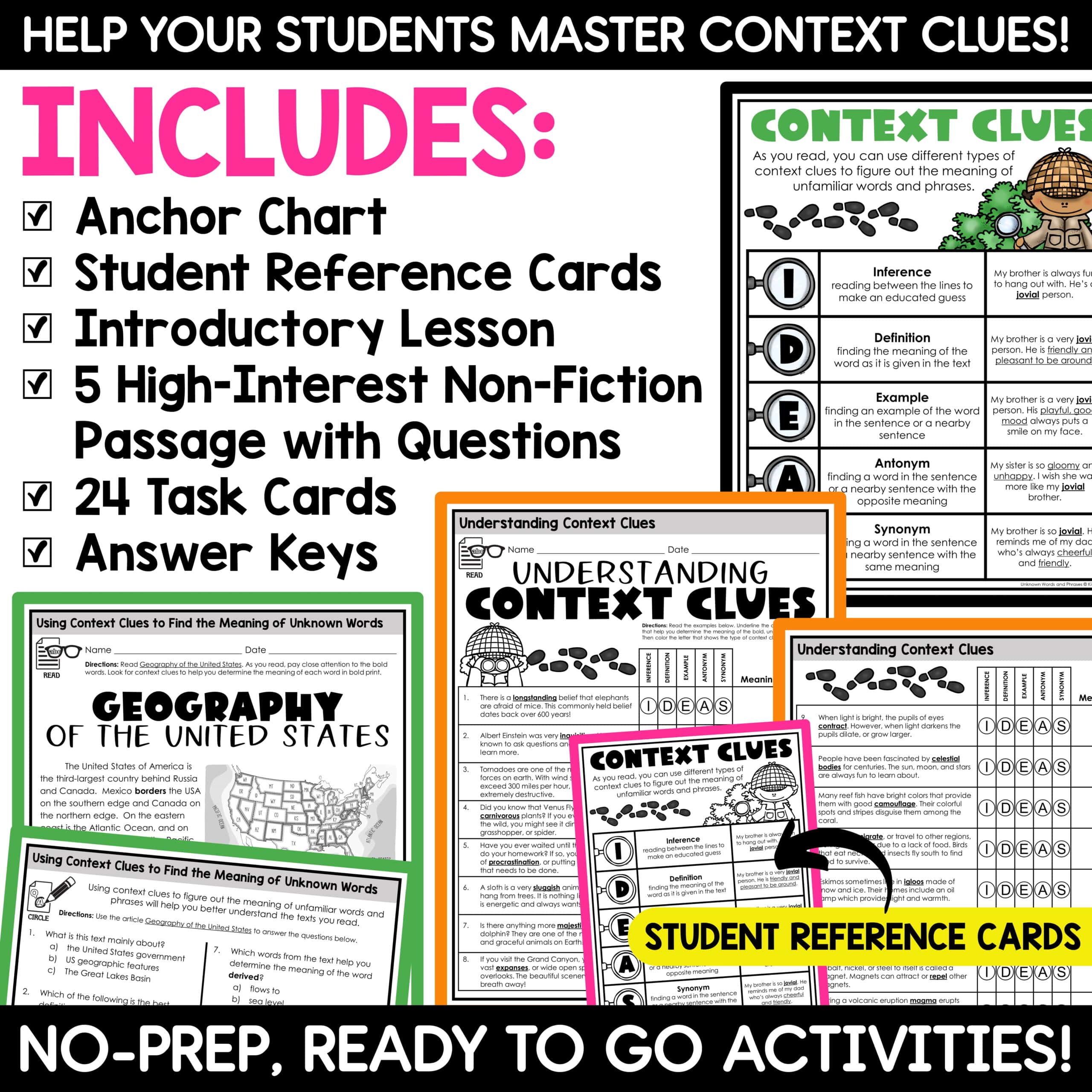 Context Clues Worksheets Task Cards Games Anchor Chart | Vocabulary Activities - Image 2