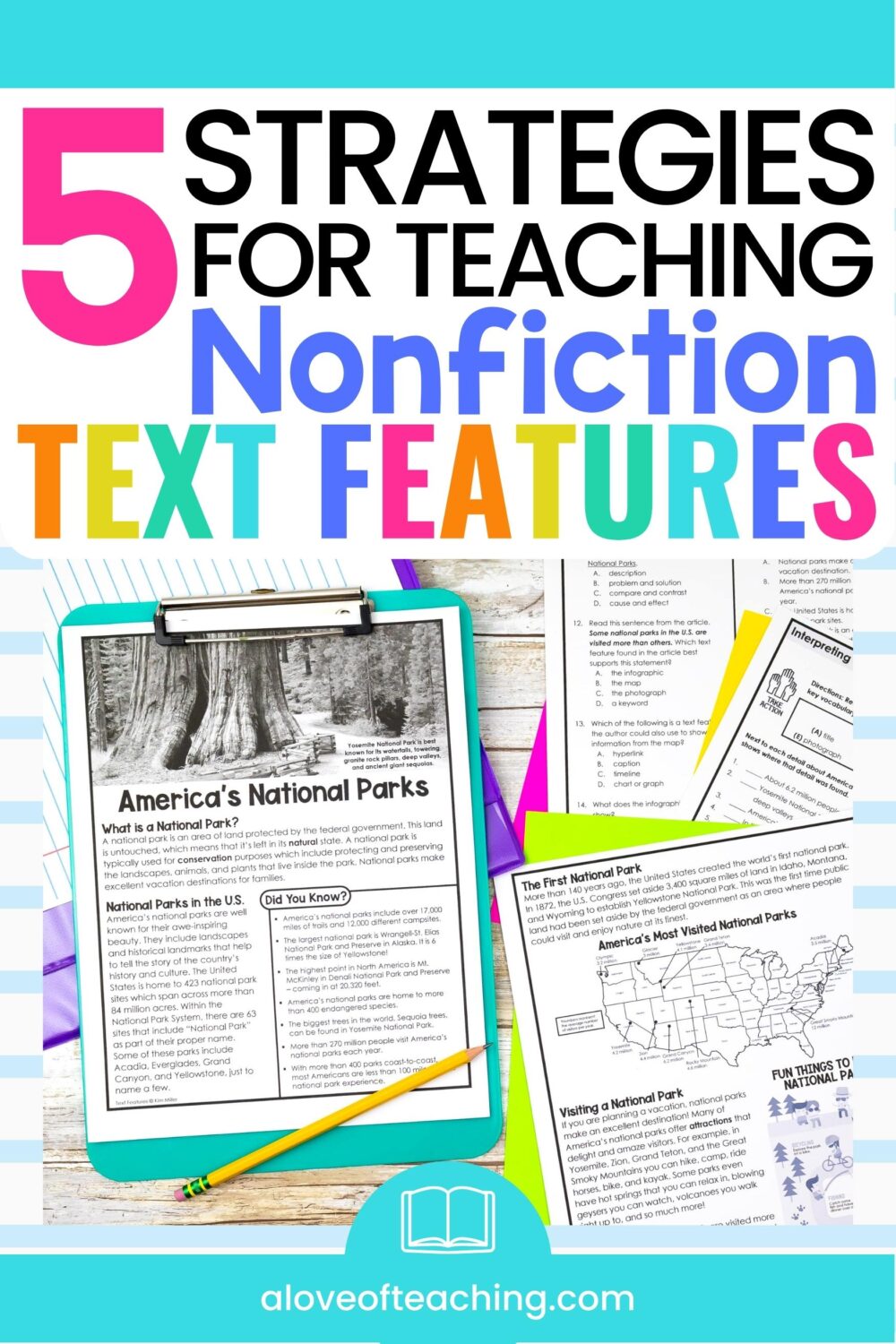 This is a blog post title graphic that says "5 Strategies for Teaching Nonfiction Text Features" with a photograph of a nonfiction text features activity for upper elementary grades.