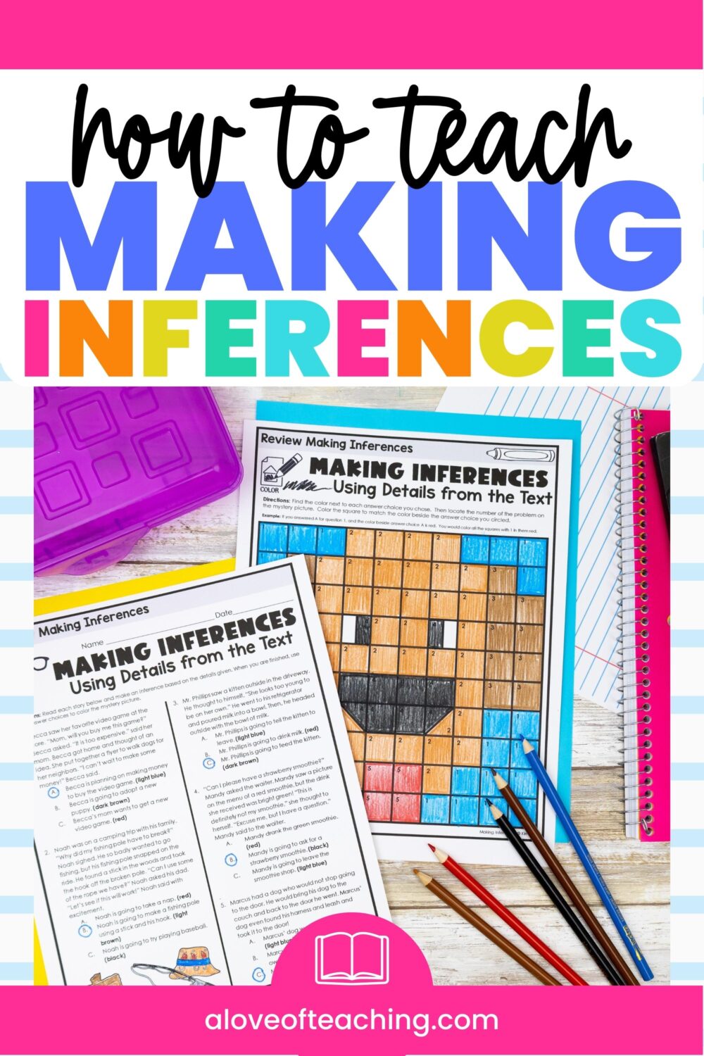 This is a title graphic for a blog post with the title "How to Teach Making Inferences" across the top and a photograph of activity pages for making inferences below the title.