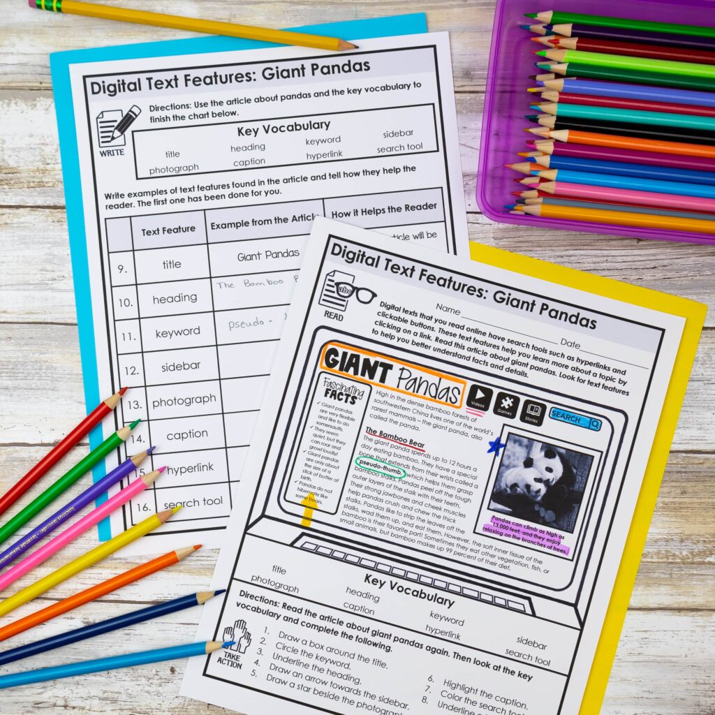 This is a photograph of pages from a digital nonfiction text features activity about giant pandas designed for upper elementary reading classrooms.