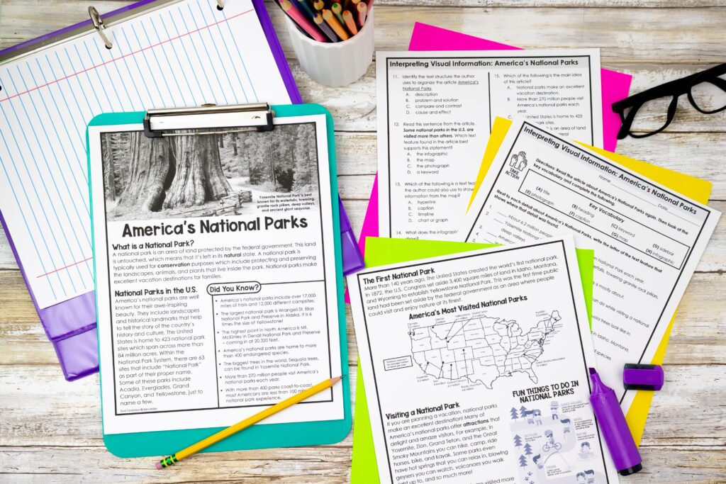 This is a photograph of pages from a nonfiction text features activity about America's national parks designed for upper elementary reading classrooms.