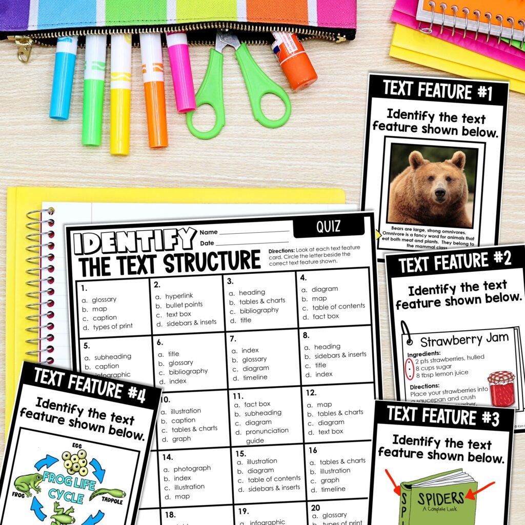 This is a photograph of task cards and a quiz page from a nonfiction text features activity about identifying the text structure designed for upper elementary reading classrooms.