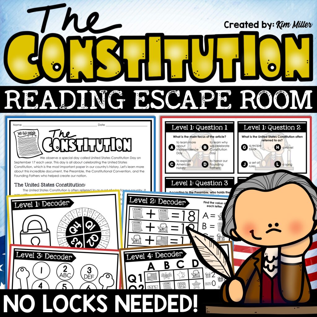 Constitution Day Activity Reading Comprehension Escape Room US Constitution