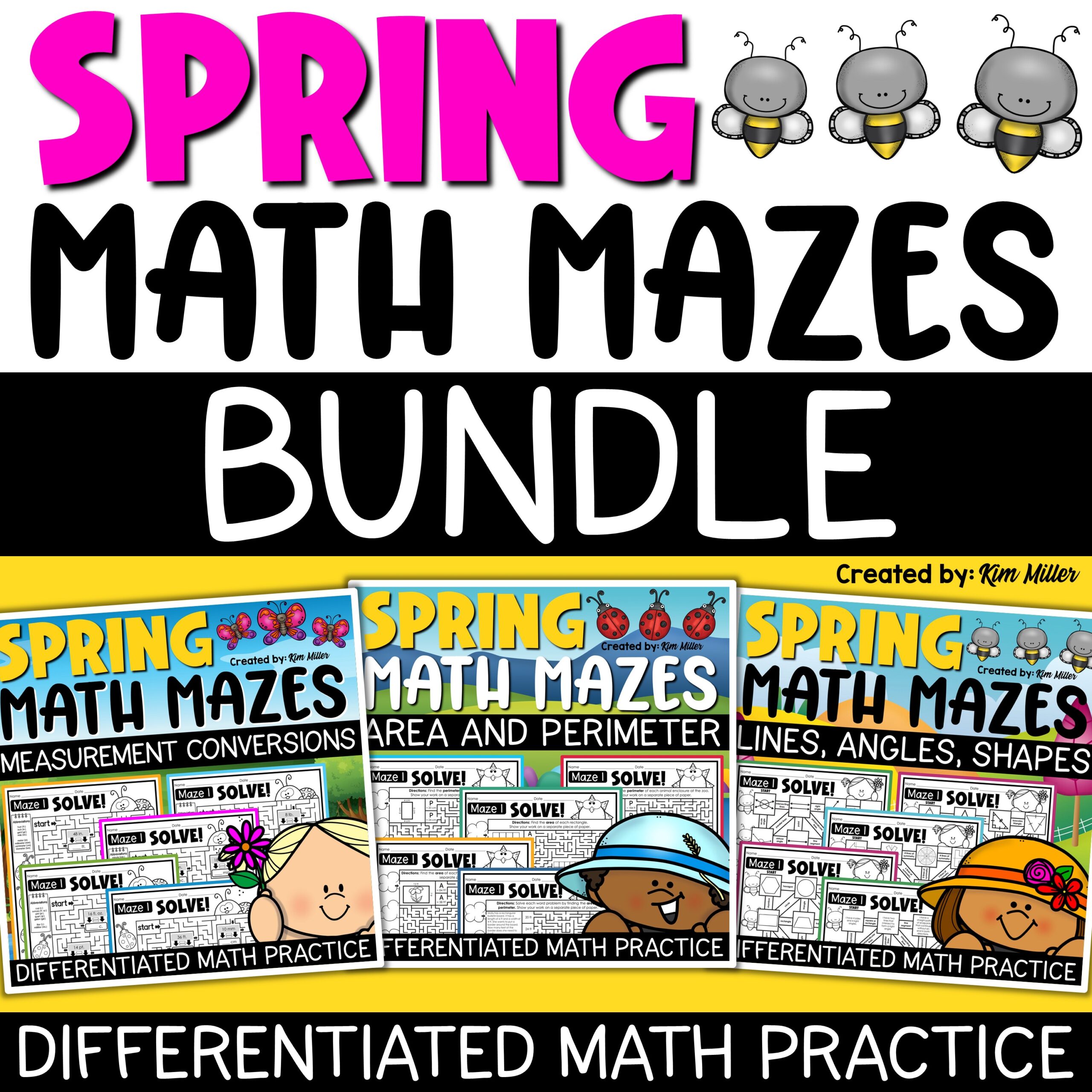 Spring Math Mazes Worksheets Measurement Area Perimeter Angles 2D Shapes BUNDLE