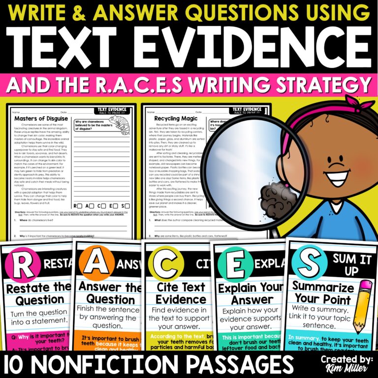 Text Evidence Reading Passages Anchor Charts RACES Writing Strategy Prompts