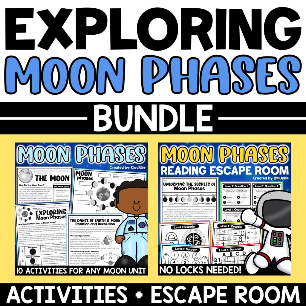 Moon Phases Activities Worksheets Phases of the Moon Reading Escape Room BUNDLE