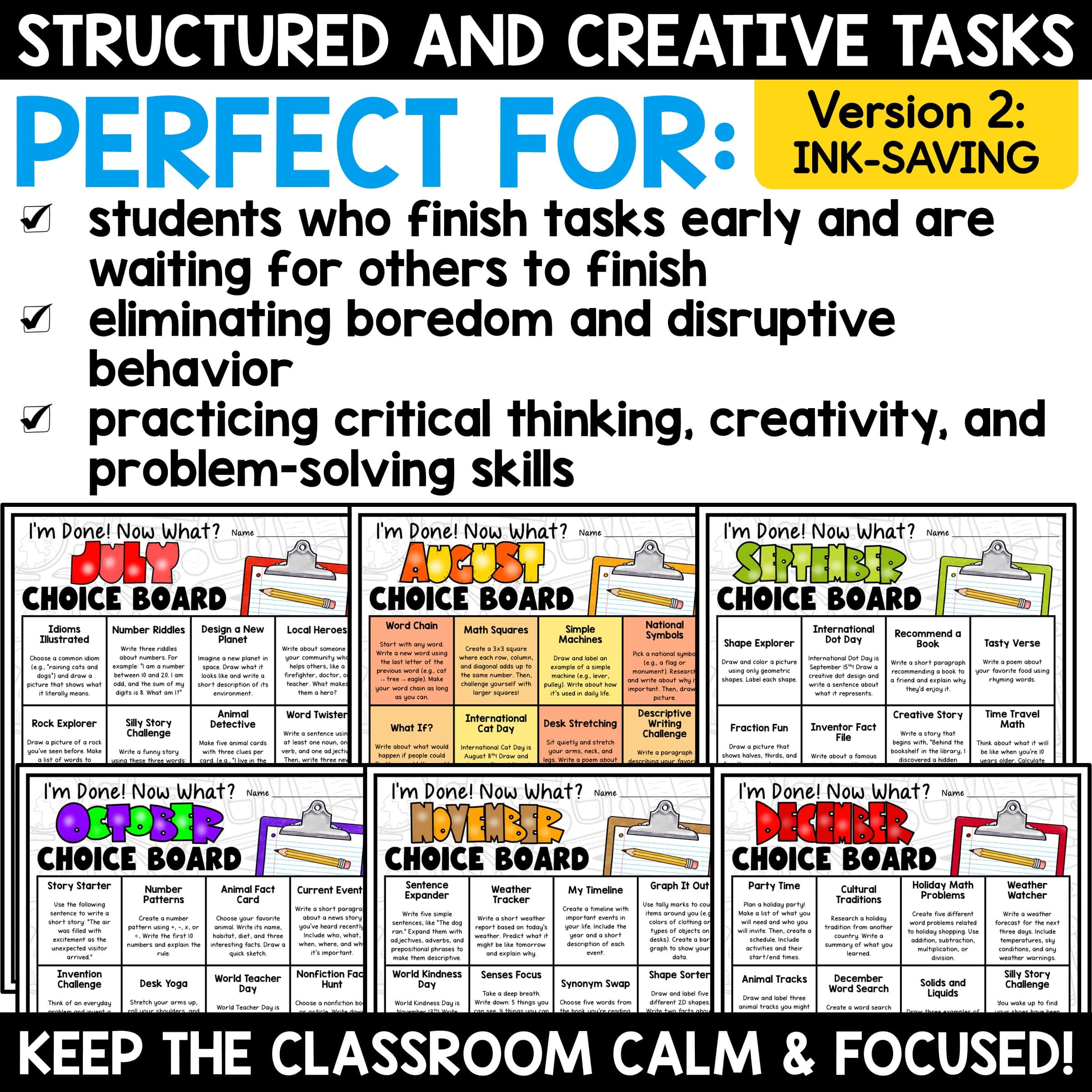 Early Fast Finishers Activities Choice Boards 3rd 4th 5th Early Finisher Work