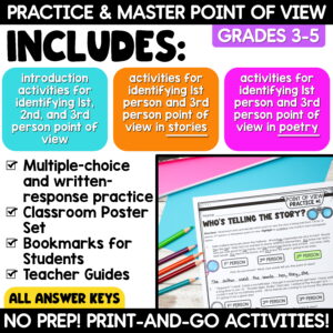 Point of View First & Third Person Worksheets, Anchor Charts, Activities Bundle