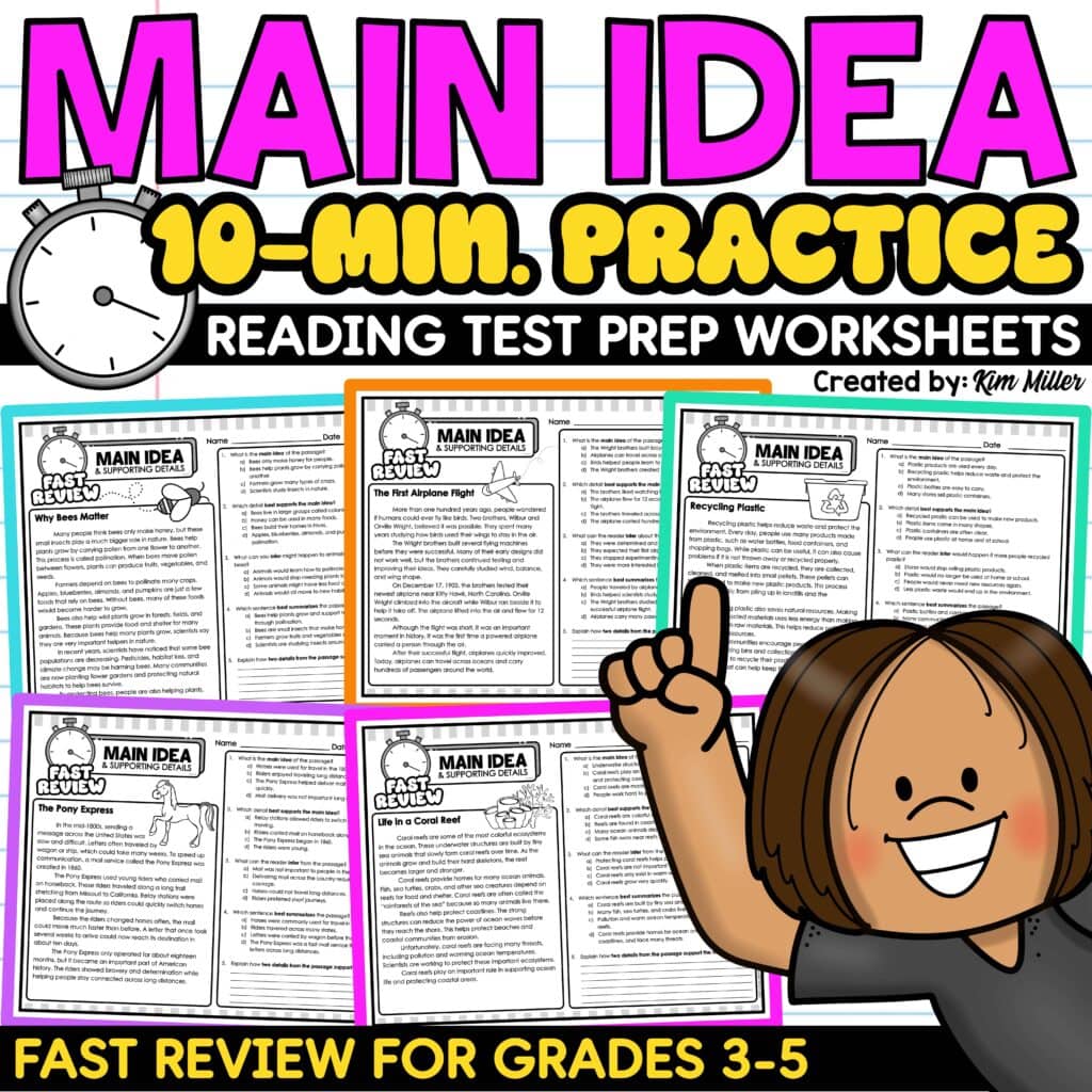 Main Idea and Supporting Details Worksheets 3rd 4th 5th Grade ELA Test Prep