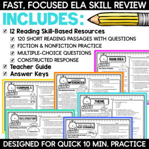 ELA Test Prep Reading Comprehension Worksheets 3rd 4th 5th Grade BUNDLE