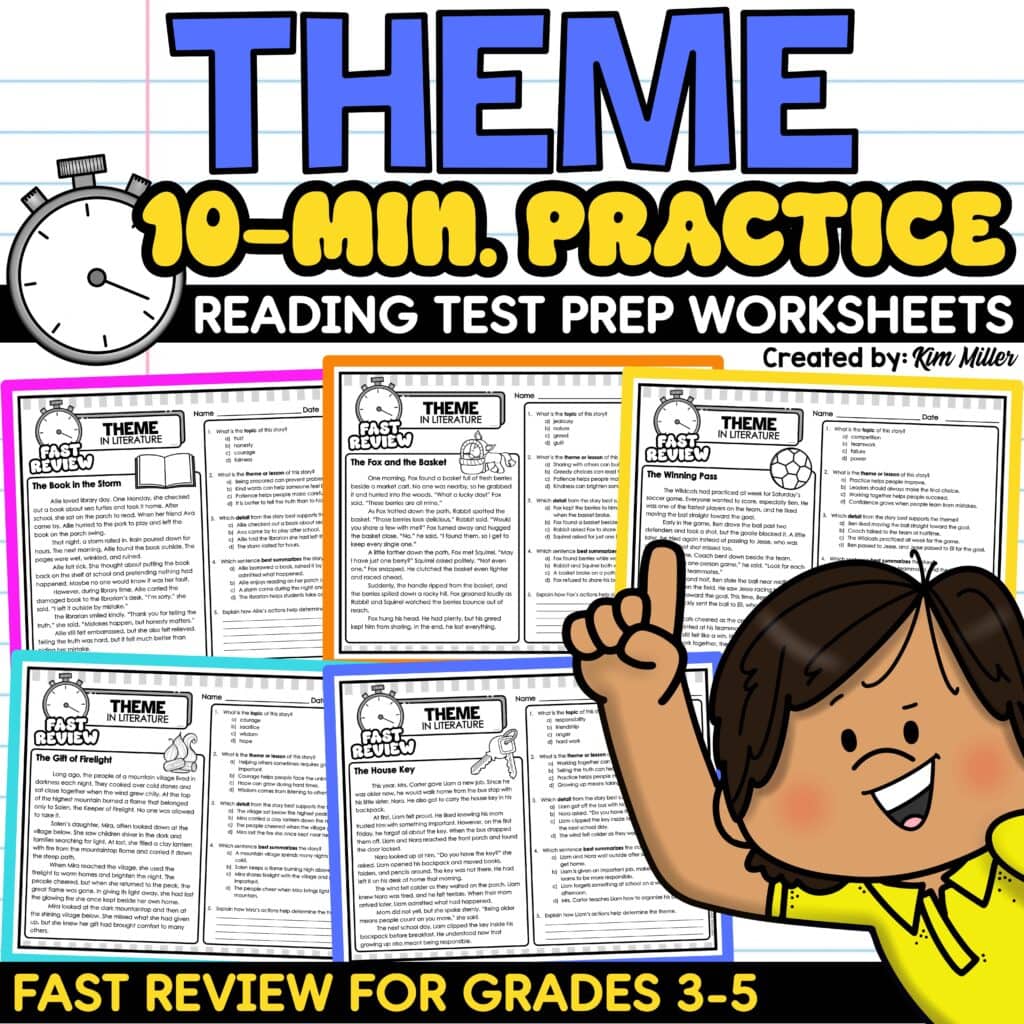 Finding Theme Worksheets Identifying Theme 3rd 4th 5th Grade ELA Test Prep