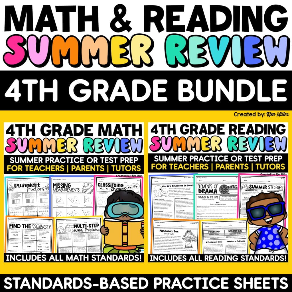4th Grade Summer Math Reading Review Packet End of the Year Activities Bundle