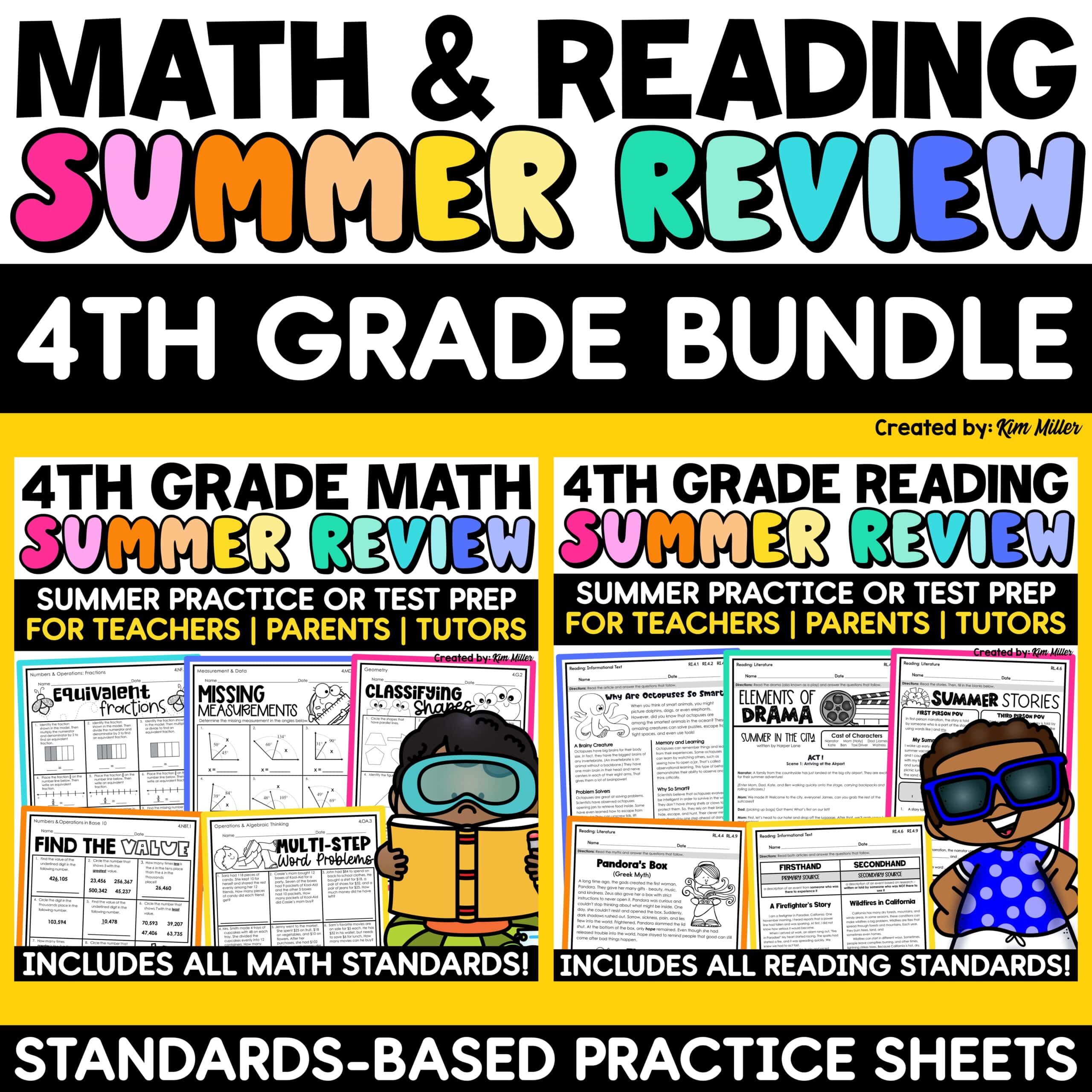 4th Grade Summer Math Reading Review Packet End of the Year Activities Bundle