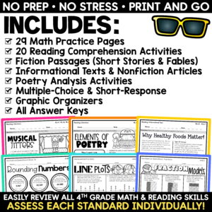 4th Grade Summer Math Reading Review Packet End of the Year Activities Bundle