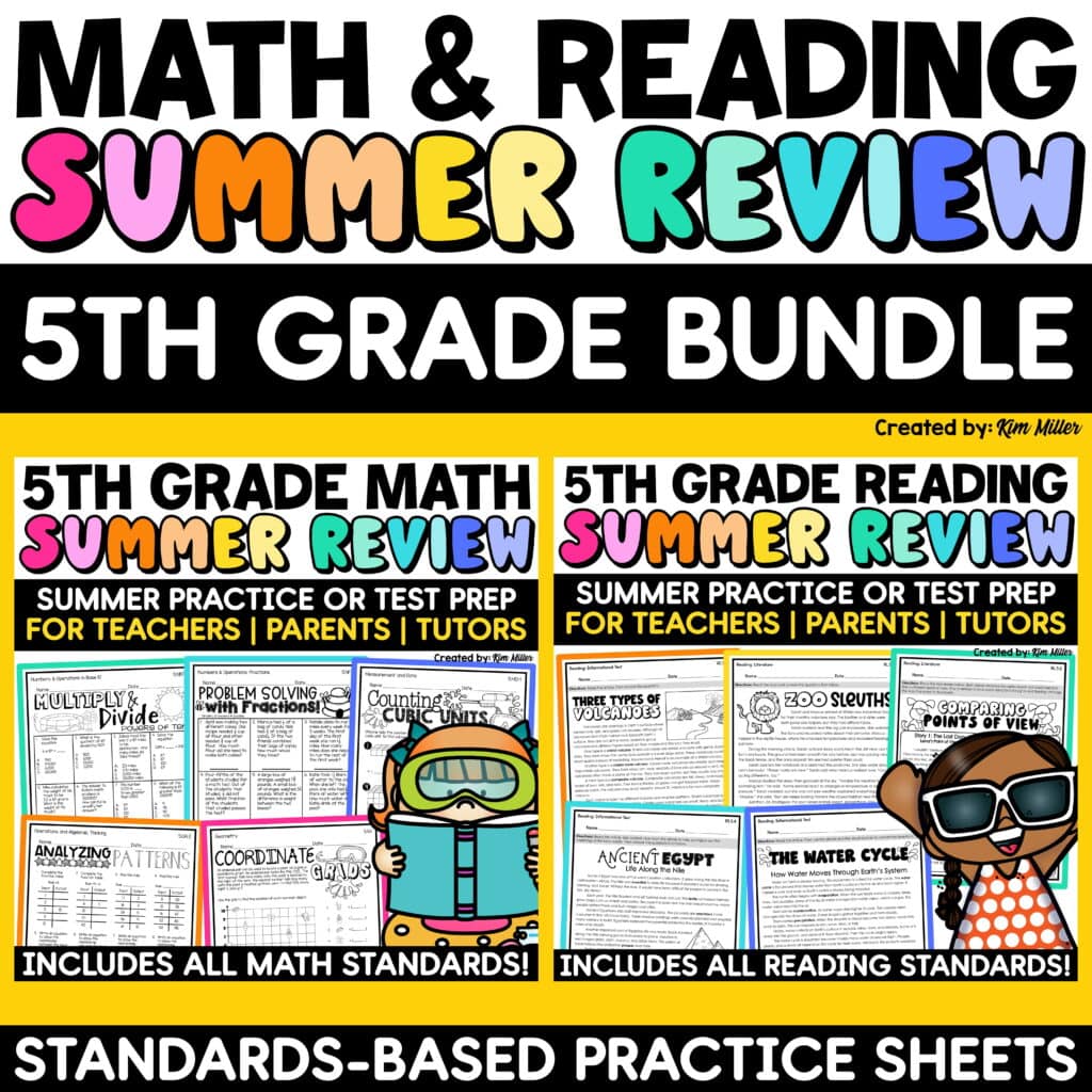 5th Grade Summer Math Reading Review Packet End of the Year Activities Bundle