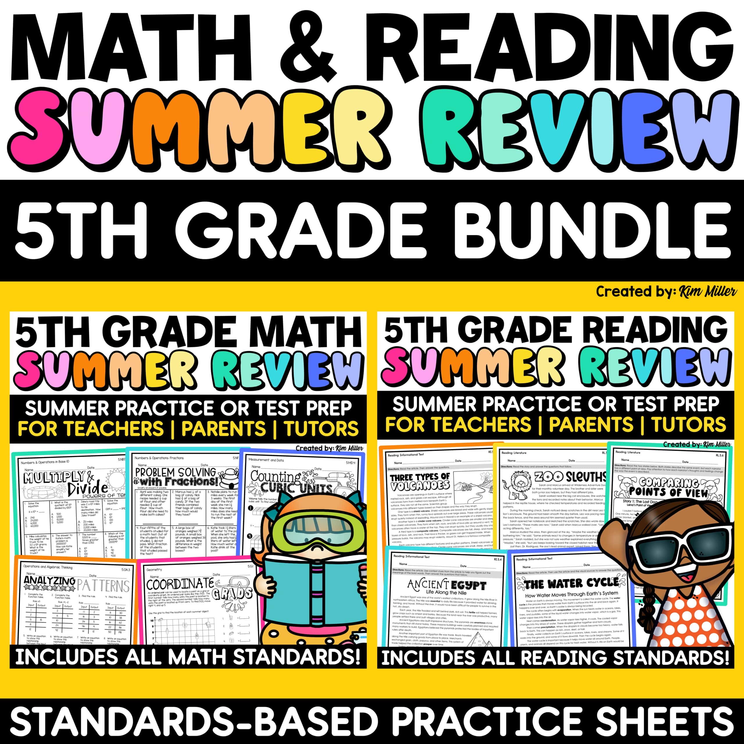 5th Grade Summer Math Reading Review Packet End of the Year Activities Bundle