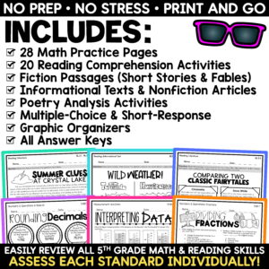 5th Grade Summer Math Reading Review Packet End of the Year Activities Bundle
