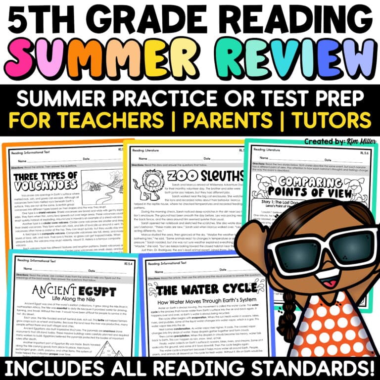 5th Grade Reading ELA Review Packet Summer End of the Year Activities Test Prep