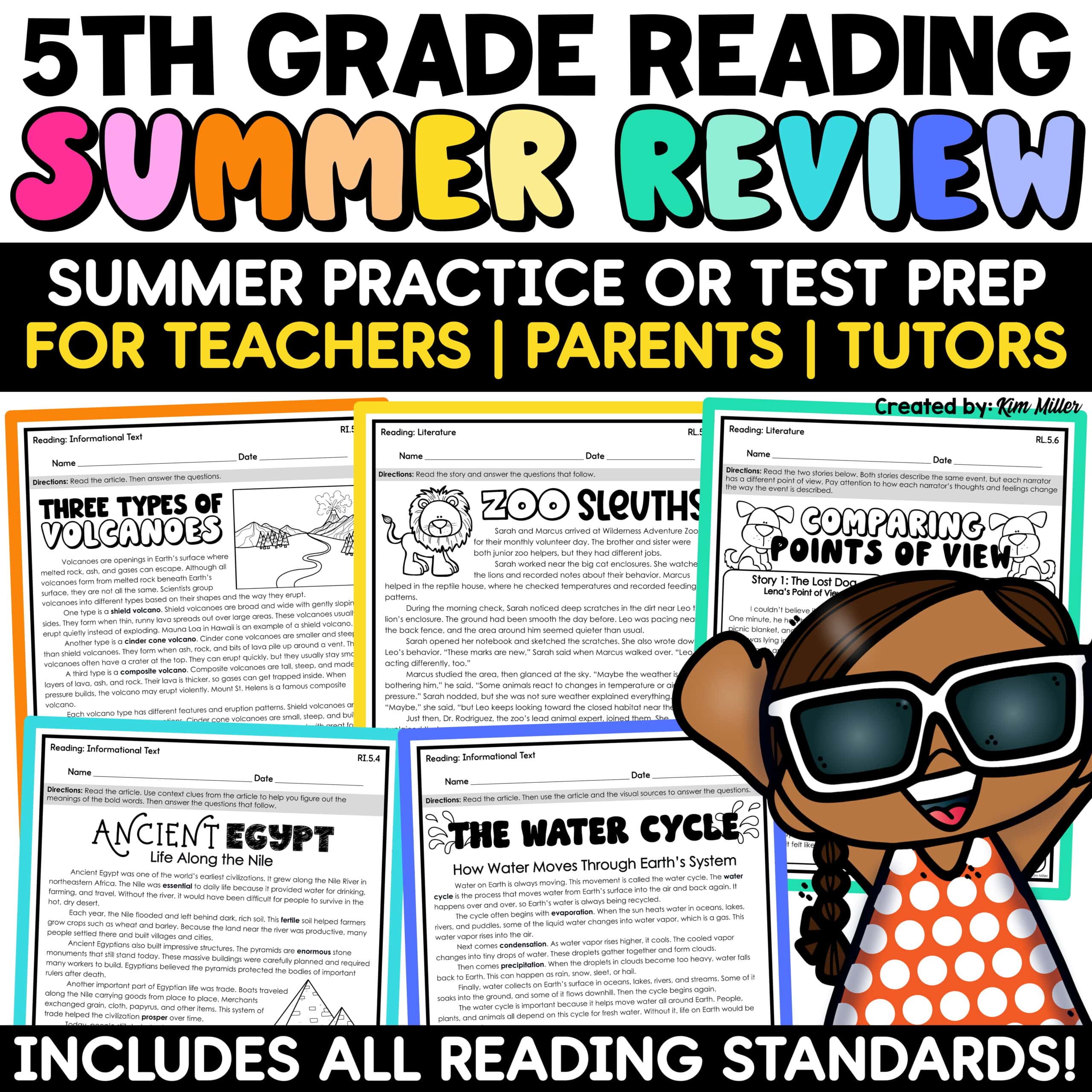 5th Grade Reading ELA Review Packet Summer End of the Year Activities Test Prep