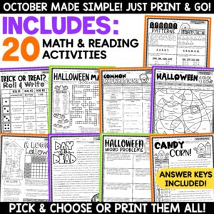 Halloween Math Reading Writing Activities Coloring Pages Fall Craft Bundle