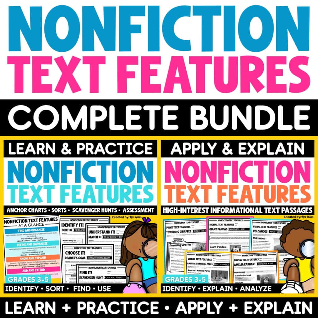 Nonfiction Text Features Anchor Charts, Worksheets, Scavenger Hunt, Sorts Bundle