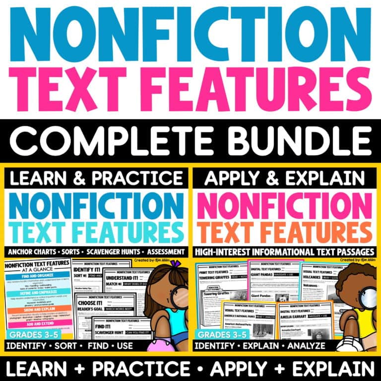 Nonfiction Text Features Anchor Charts, Worksheets, Scavenger Hunt, Sorts Bundle