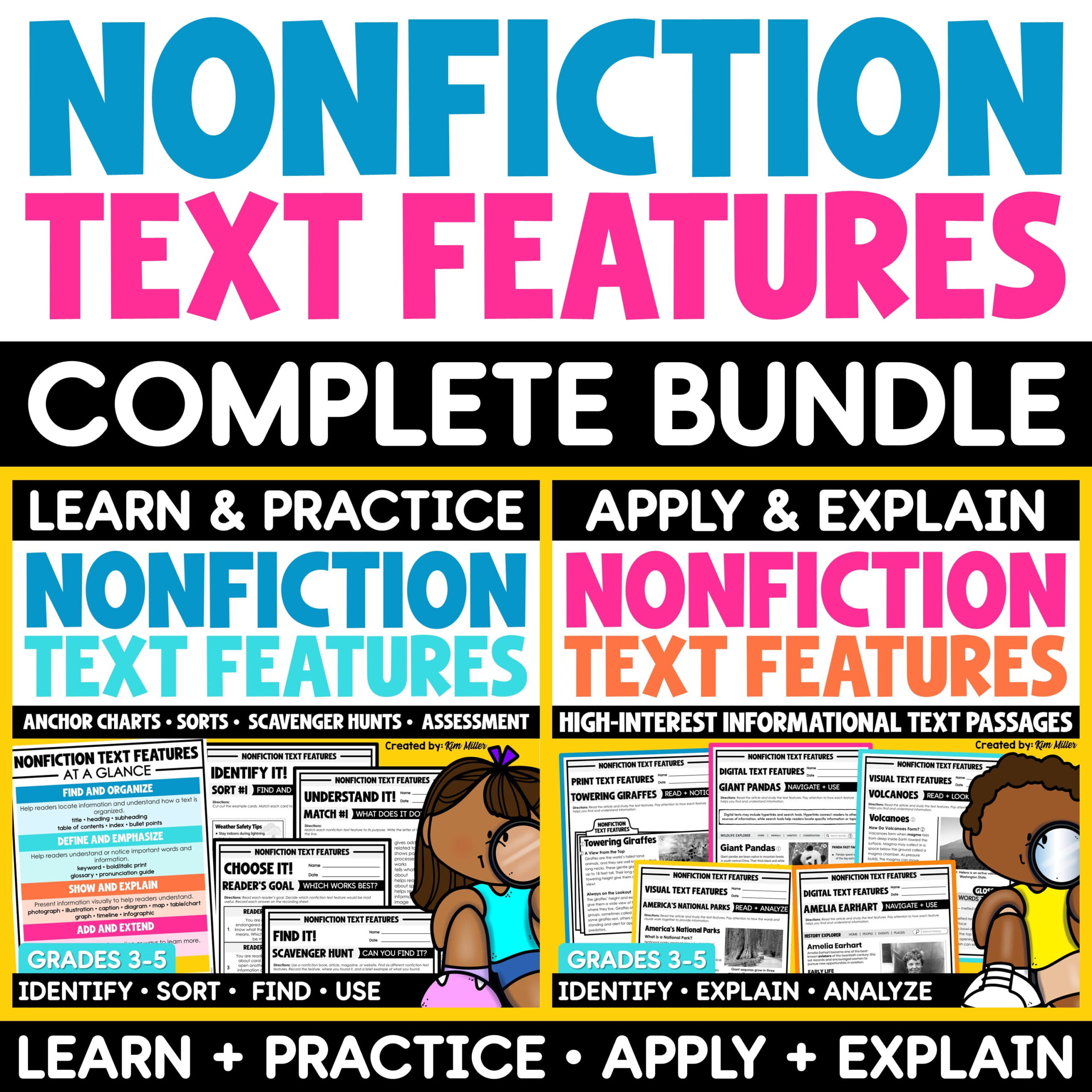 Nonfiction Text Features Anchor Charts, Worksheets, Scavenger Hunt, Sorts Bundle